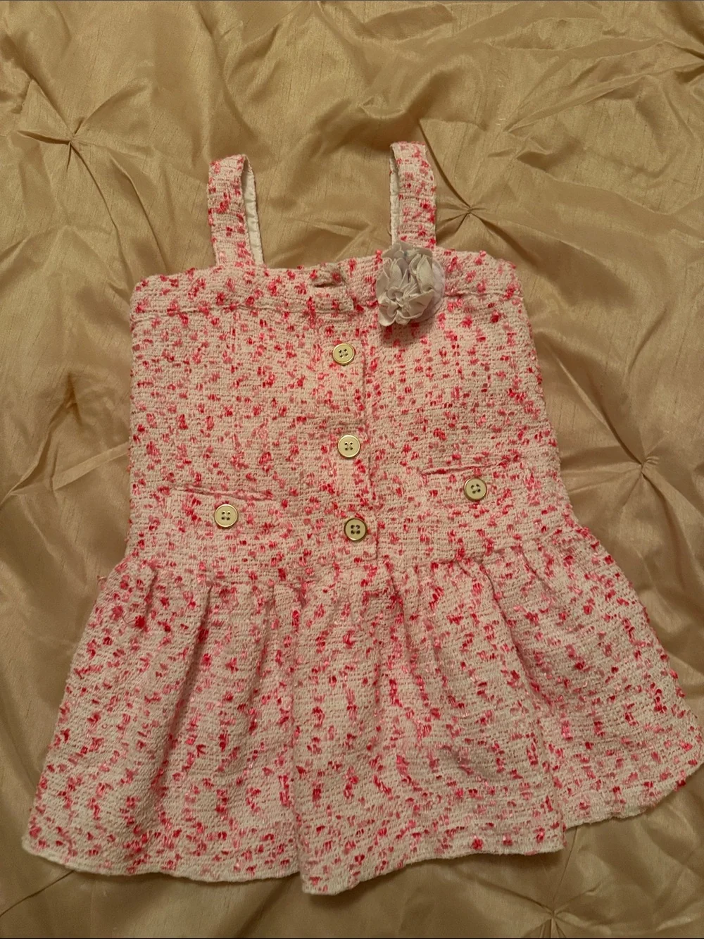 Janie and Jack Pink and White Tweed Dress with Flower Accent